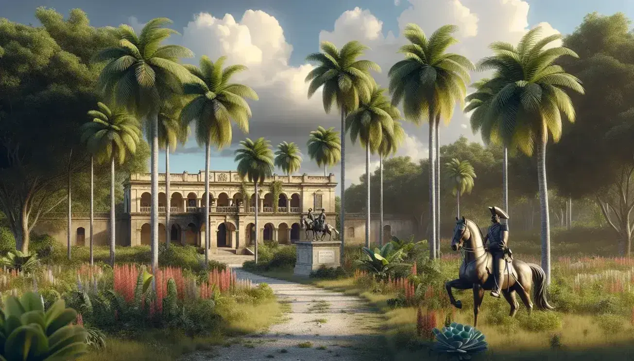 Escena histórica al aire libre con construcción colonial de piedra beige y arcos, rodeada de palmeras altas y estatua ecuestre de bronce en ambiente tropical.