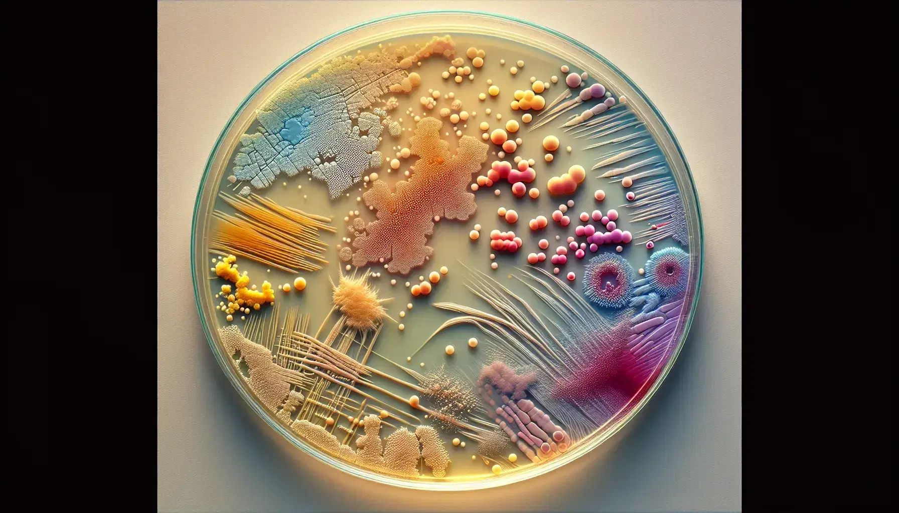 Colonia di batteri procarionti su piastra di Petri, con colonie colorate da bianco a verde e superficie gelatinosa ambrata.