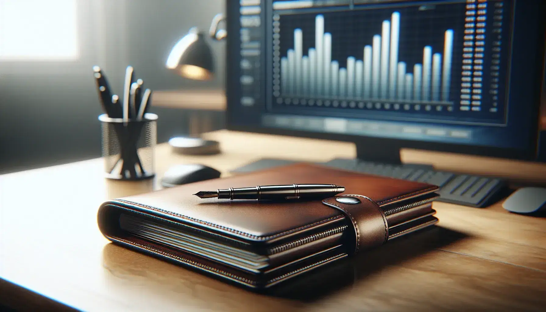 Escritorio de oficina con portafolios de cuero marrón, pluma estilográfica metálica y regla plástica, con monitor mostrando gráficos de barras al fondo.
