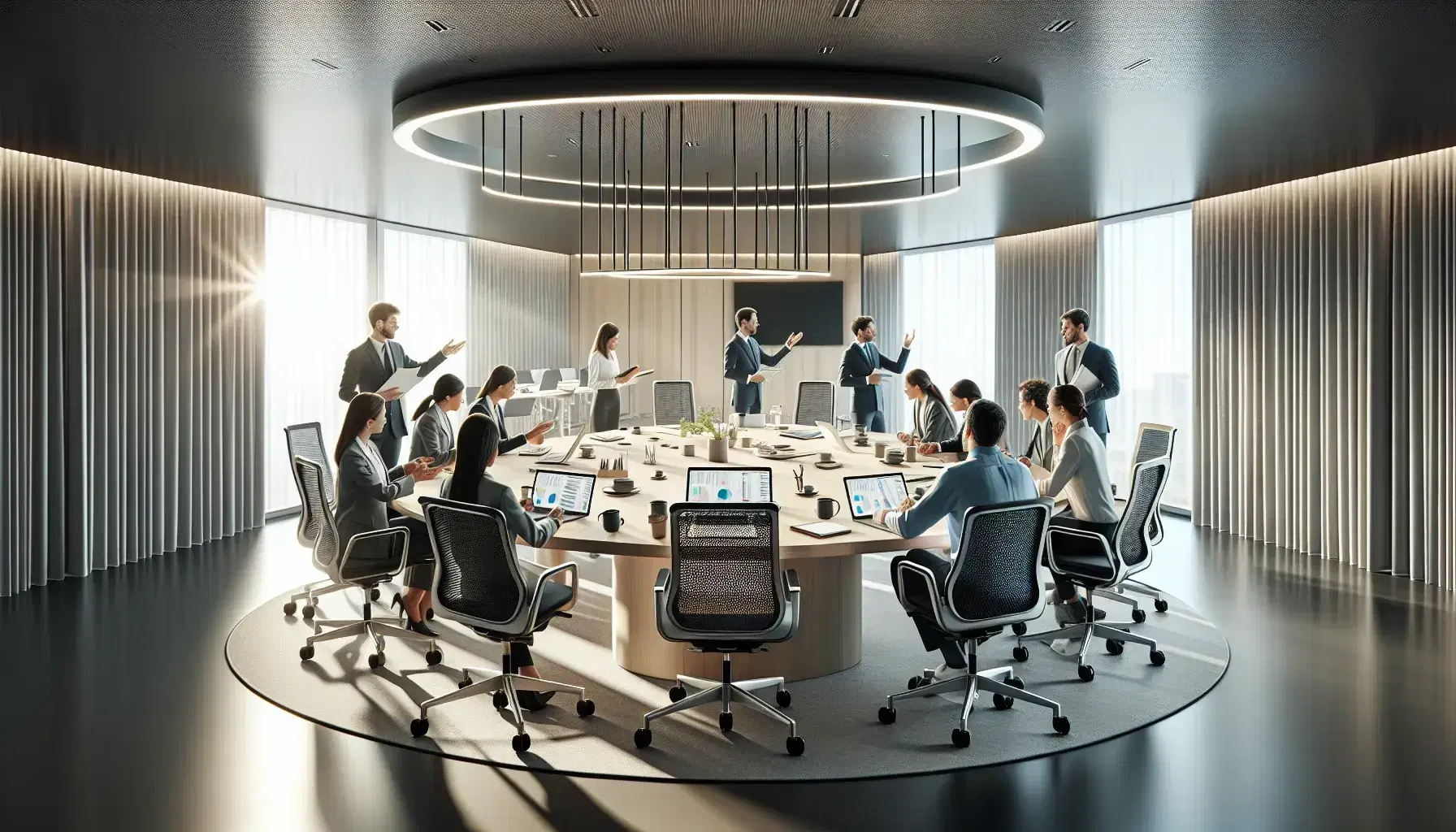 Riunione aziendale in corso con professionisti attorno a un tavolo ovale, laptop e taccuini aperti, in una sala conferenze moderna e luminosa.