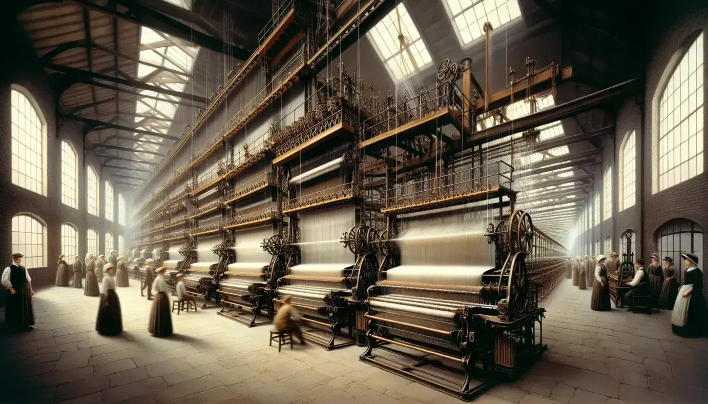 Telares mecánicos y trabajadores en una fábrica textil de la Primera Revolución Industrial, con hilos blancos y beige y luz natural.
