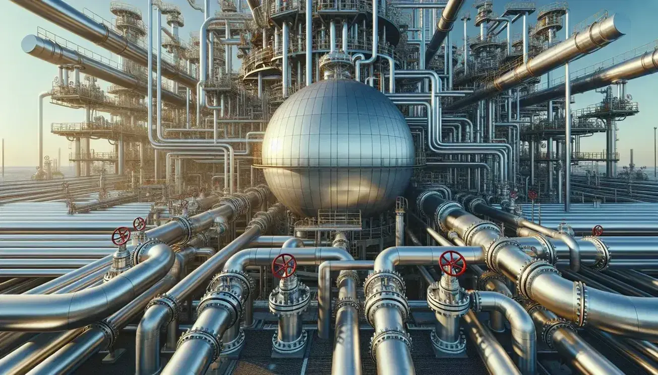 Modern industrial plant with steel pipe network, valves with red and green knobs, spherical tank and cylindrical towers under blue sky.