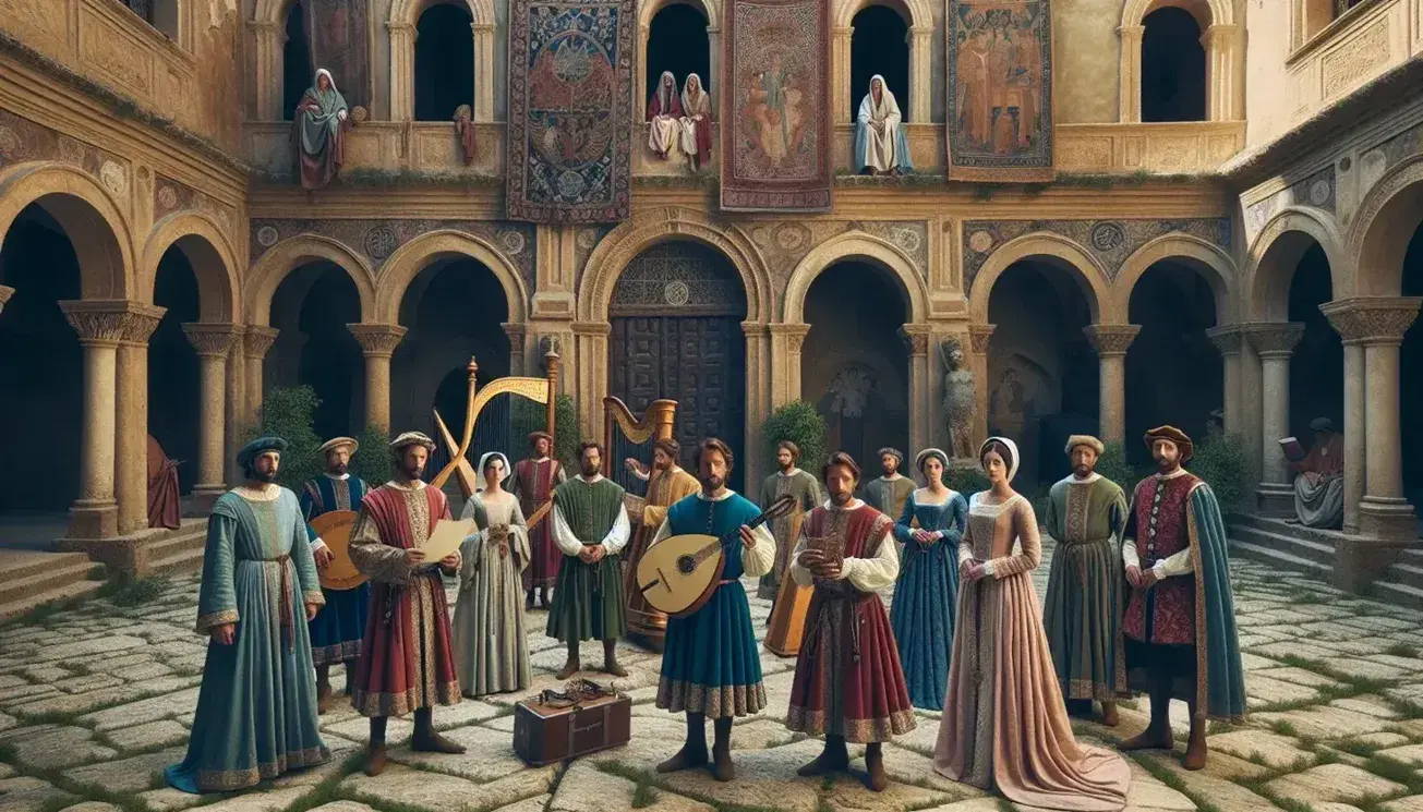 Cortile medievale siciliano con persone in abiti d'epoca, musicisti con strumenti antichi e dettagli di vita culturale su tavolo in legno.