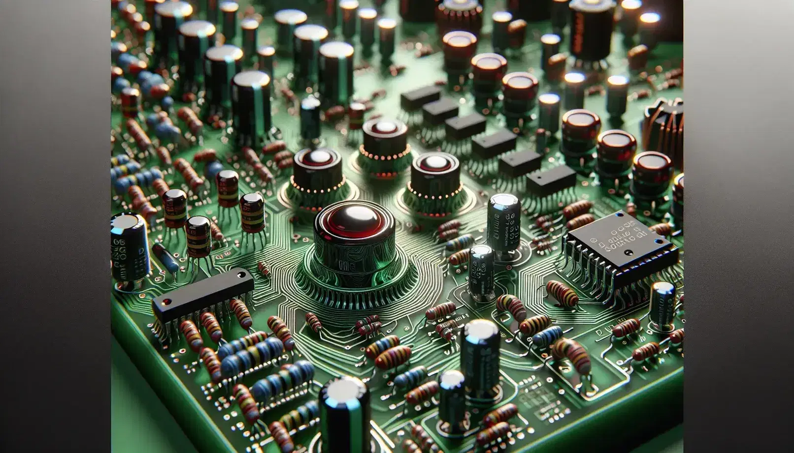 Close-up of a green electronic circuit board with black integrated circuits, metal capacitors, colored band resistors and a red button.