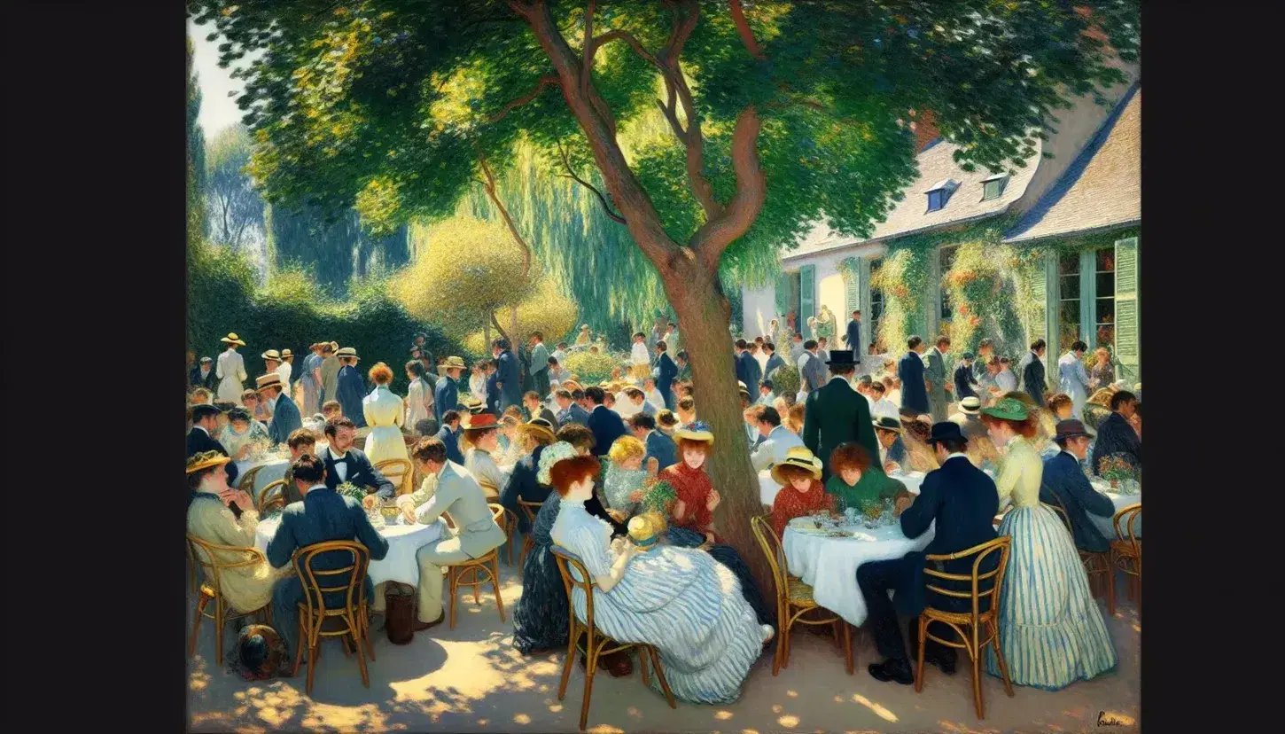 Riproduzione del dipinto "Le Moulin de la Galette" di Renoir con persone in giardino, luci e ombre tra foglie verdi e cielo azzurro.