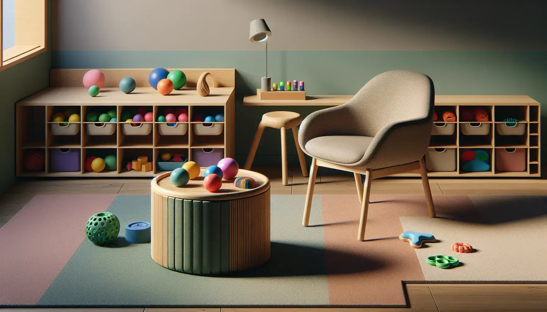 Quiet therapy room with circular table and colorful sensory toys, comfortable chair for adults and one for children, shelves with storage and natural light.
