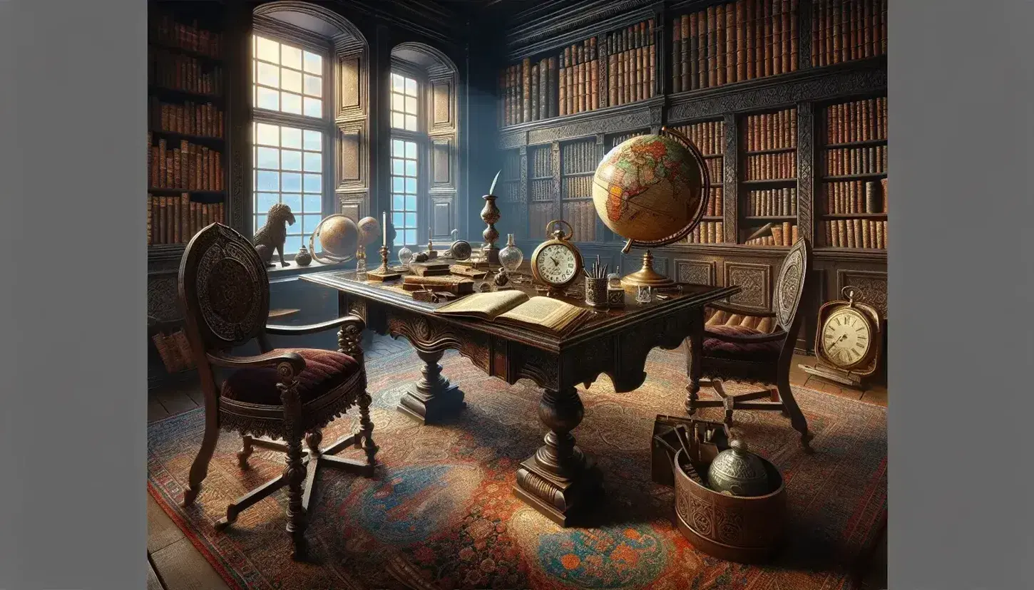 Biblioteca antica con tavolo in legno, globo, orologio d'argento, penna stilografica e inchiostro, sedie vellutate, tappeto persiano e scaffali di libri.
