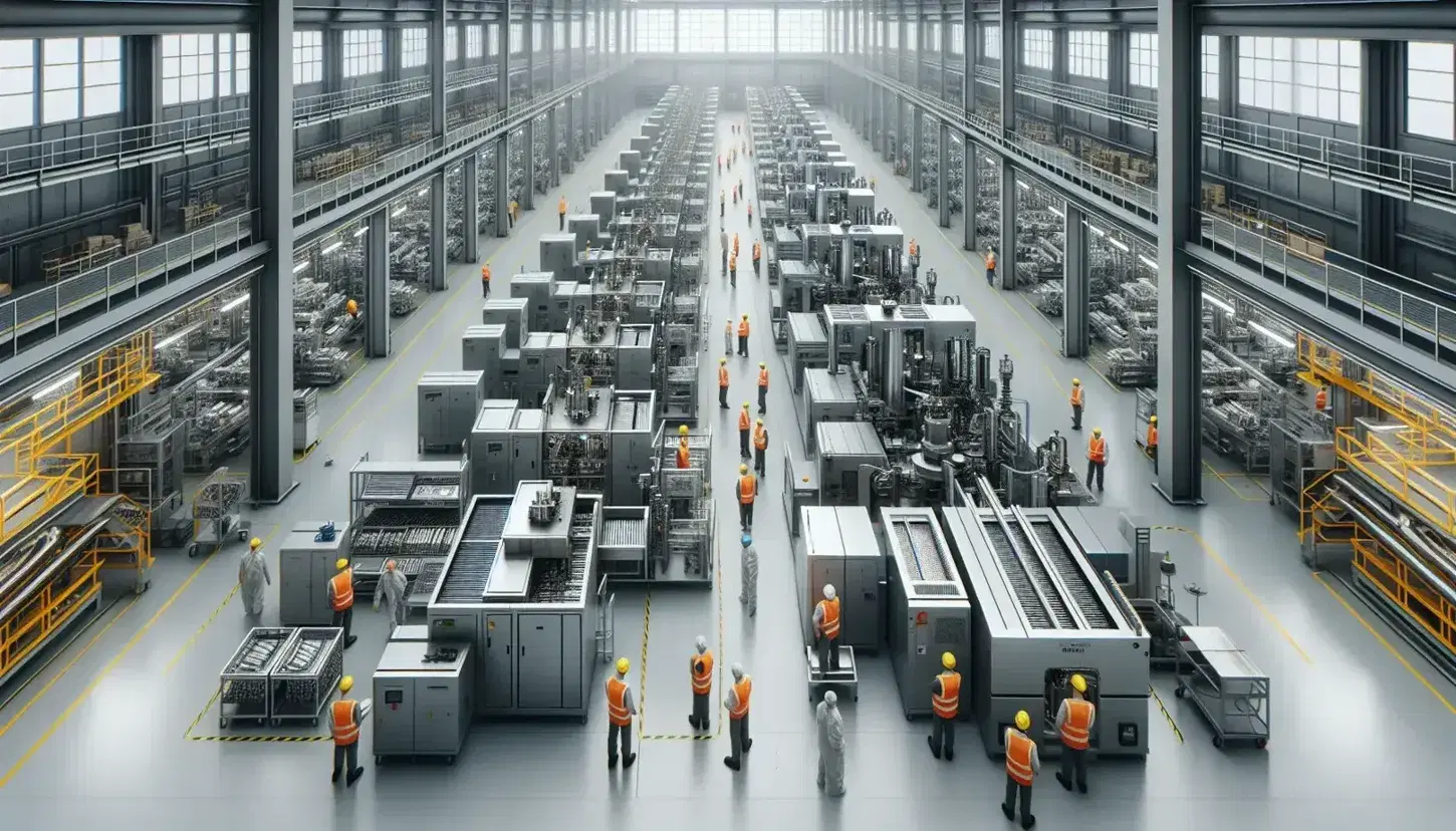 Vista aérea de planta industrial con línea de ensamblaje, trabajadores con cascos de seguridad y chalecos reflectantes supervisando la operación.