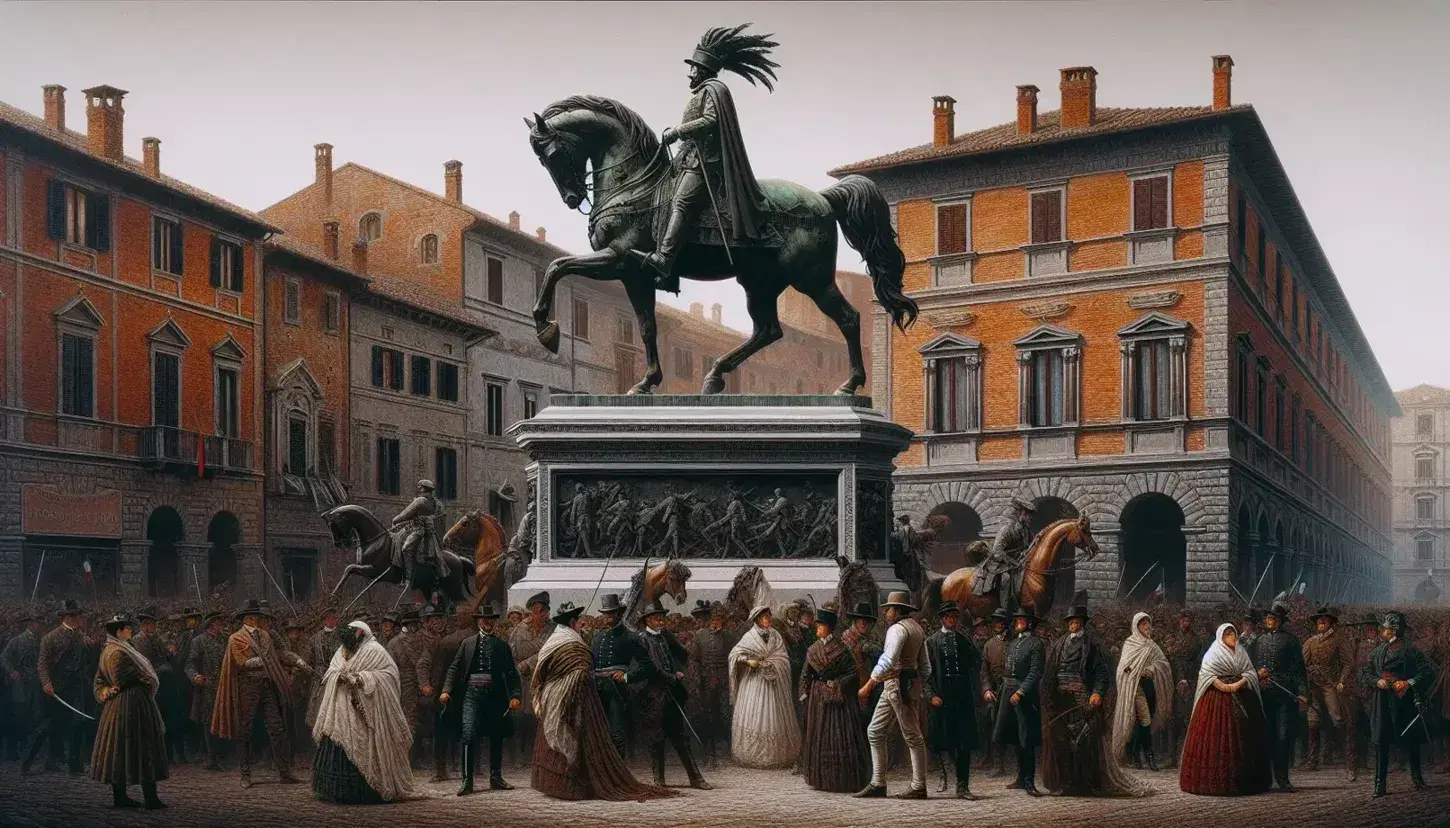 Statua equestre di eroe del Risorgimento in piazza italiana ottocentesca, con persone in abiti d'epoca e bambini che giocano.