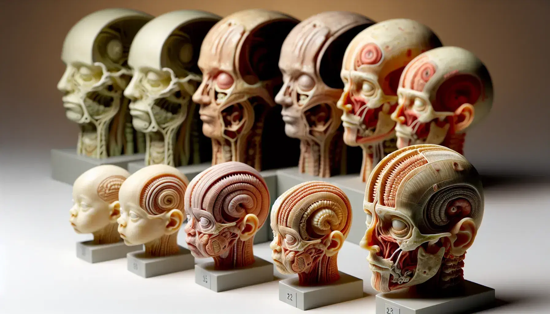 Modelos anatómicos tridimensionales que muestran la evolución del desarrollo embrionario del rostro humano, desde etapas tempranas hasta estructuras faciales más definidas.