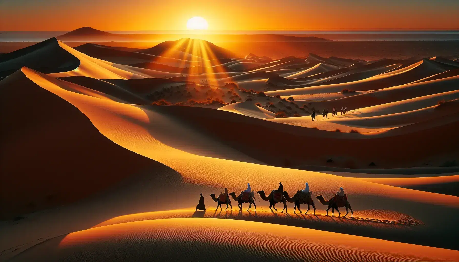 Dune sabbiose ondulate al tramonto nel deserto del Maghreb con cammelli e guide in abiti tradizionali, cielo sfumato senza nuvole.