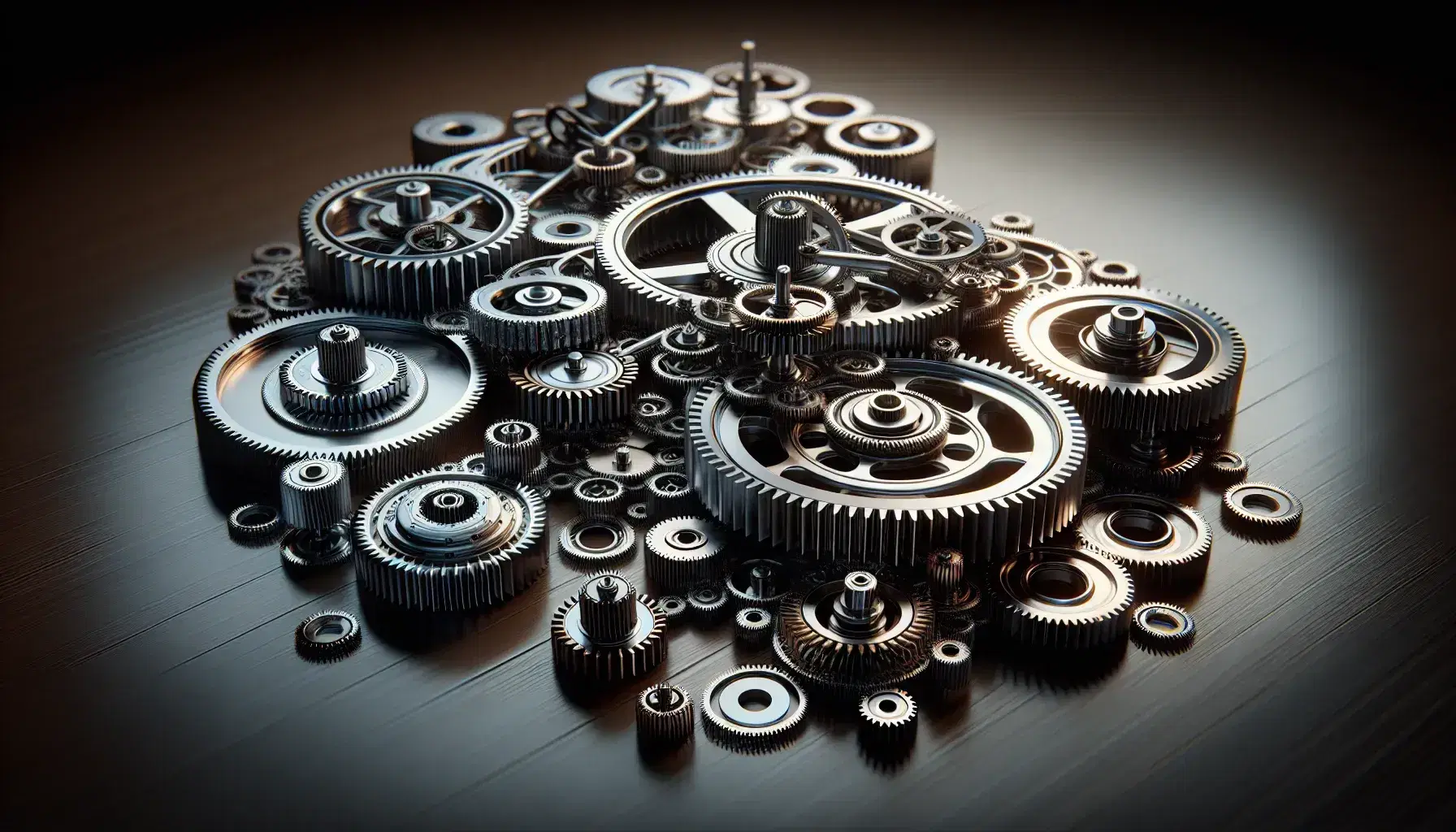 Ingranaggi meccanici metallici intrecciati di varie dimensioni su sfondo neutro, con riflessi e ombre che evidenziano la loro tridimensionalità.