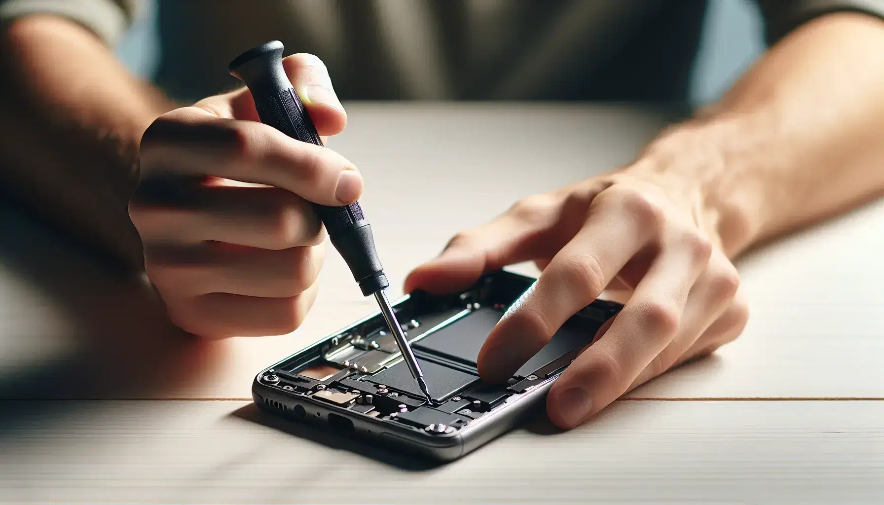 Manos reparando dispositivo electrónico con destornillador sobre mesa de trabajo clara.
