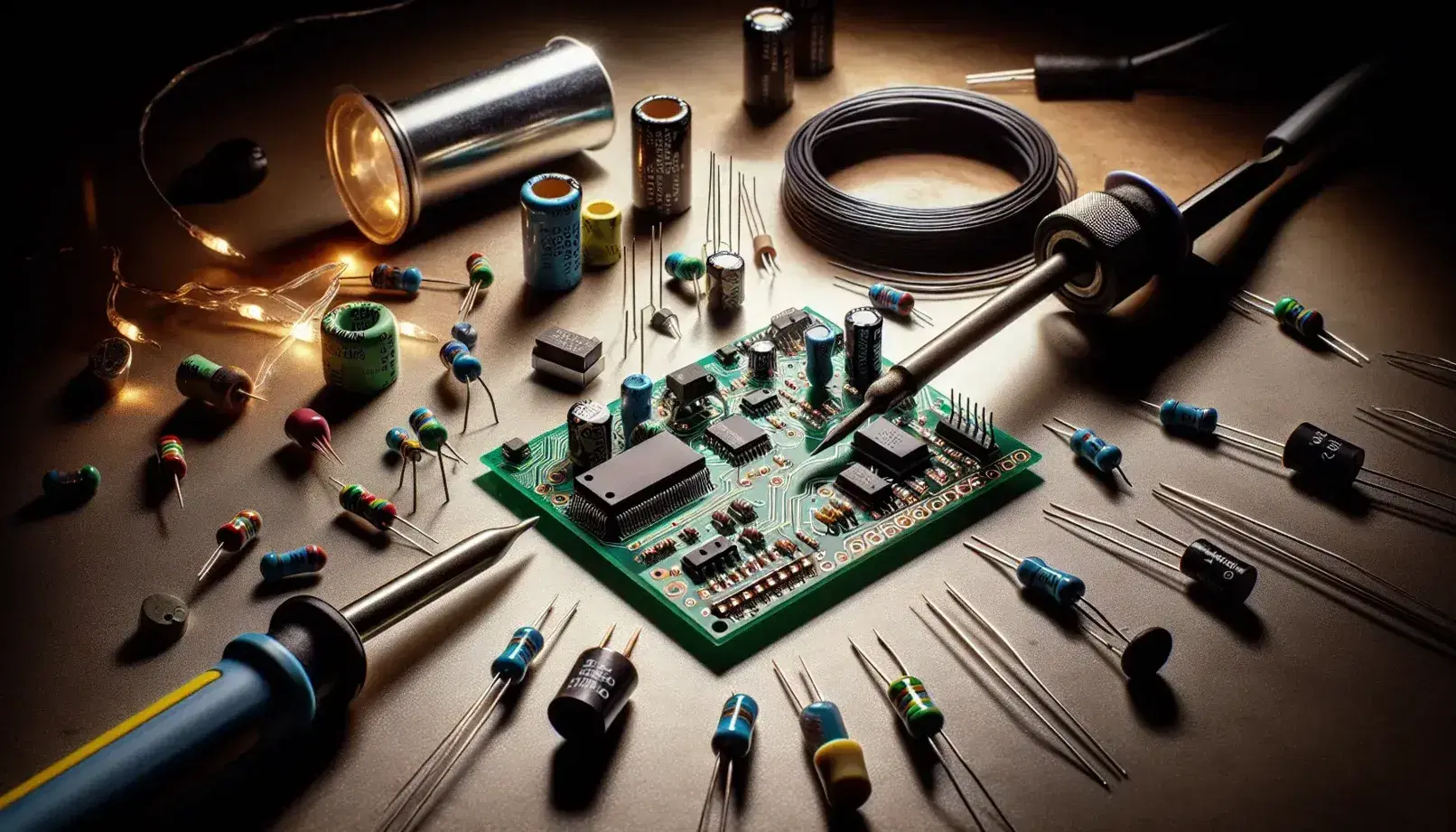 Mesa de trabajo con placa de circuito impreso verde, resistencias, capacitores, microchip, soldador y alambre de soldadura, transistores y diodos en fondo desenfocado.