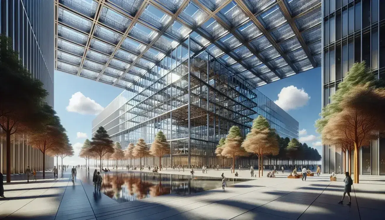 Fachada de edificio moderno con reflejo del cielo azul en cristales, estructura de acero visible, plaza pública con gente, árboles y escultura metálica abstracta.