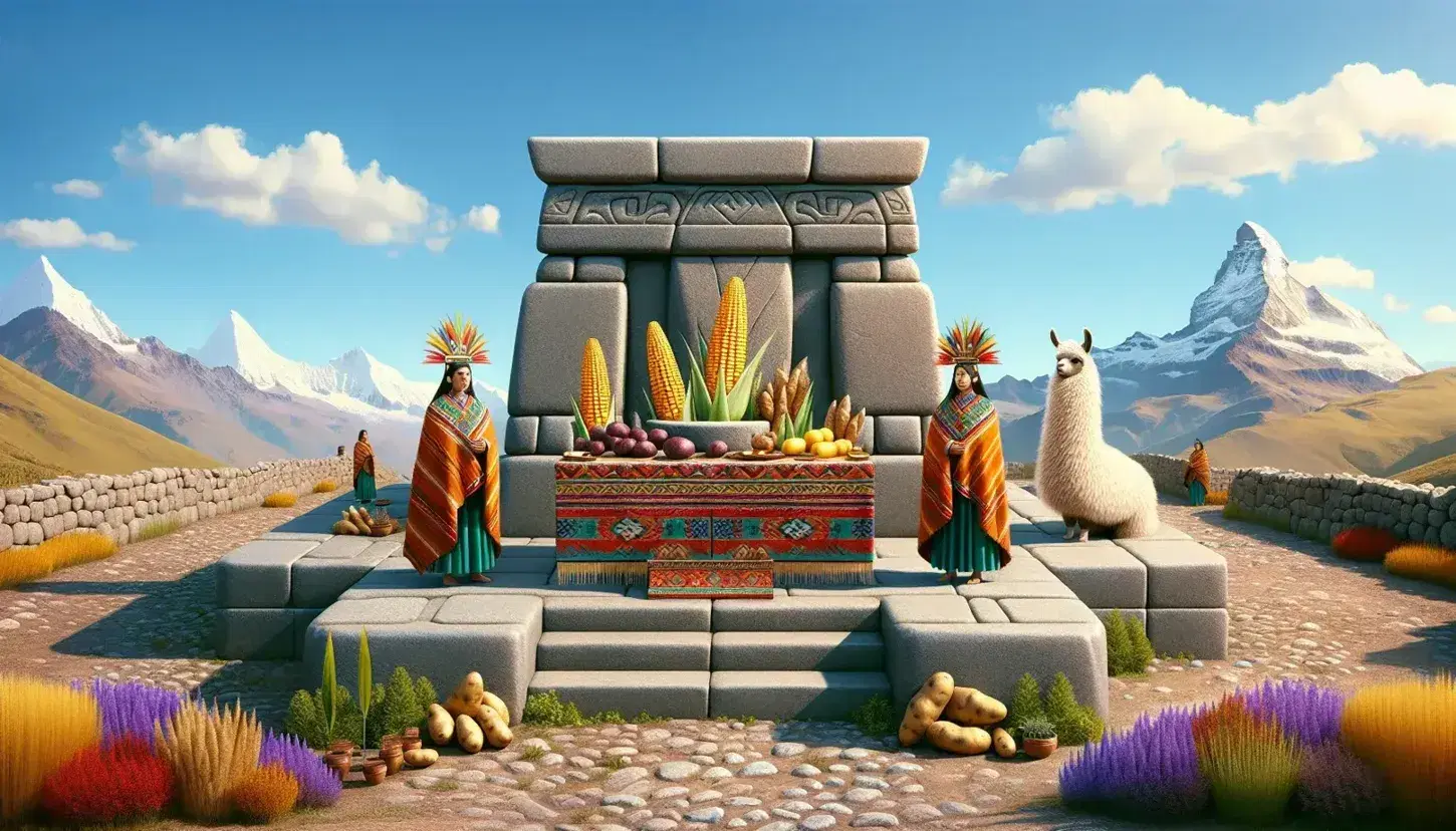 Reconstrucción de altar Inca al aire libre con ofrendas de maíz y papas, una llama y dos figuras humanas en atuendos tradicionales ante montañas andinas.