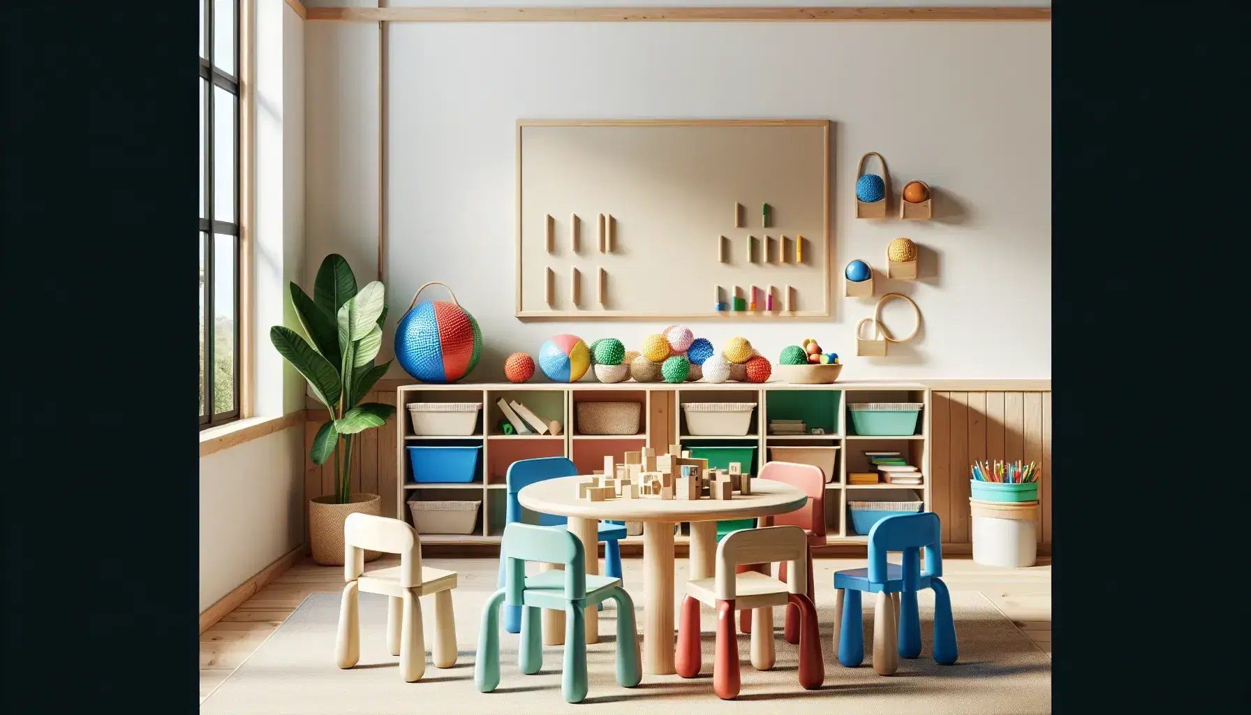 Aula luminosa con mesa redonda de madera, sillas plásticas de colores, bloques educativos, rompecabezas y estantería con libros y materiales didácticos, junto a una planta interior y ventana que aporta luz natural.