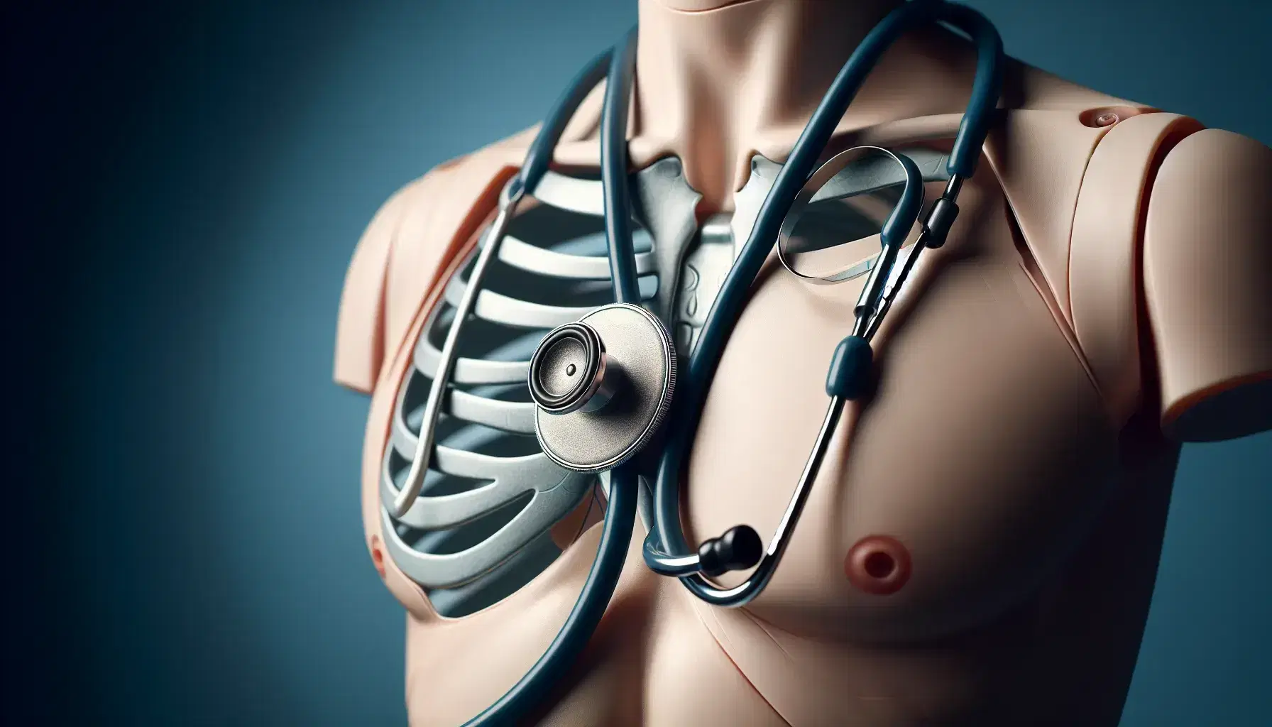 Estetoscopio con pieza torácica metálica sobre fondo azul junto a torso maniquí simulando examen médico pulmonar.