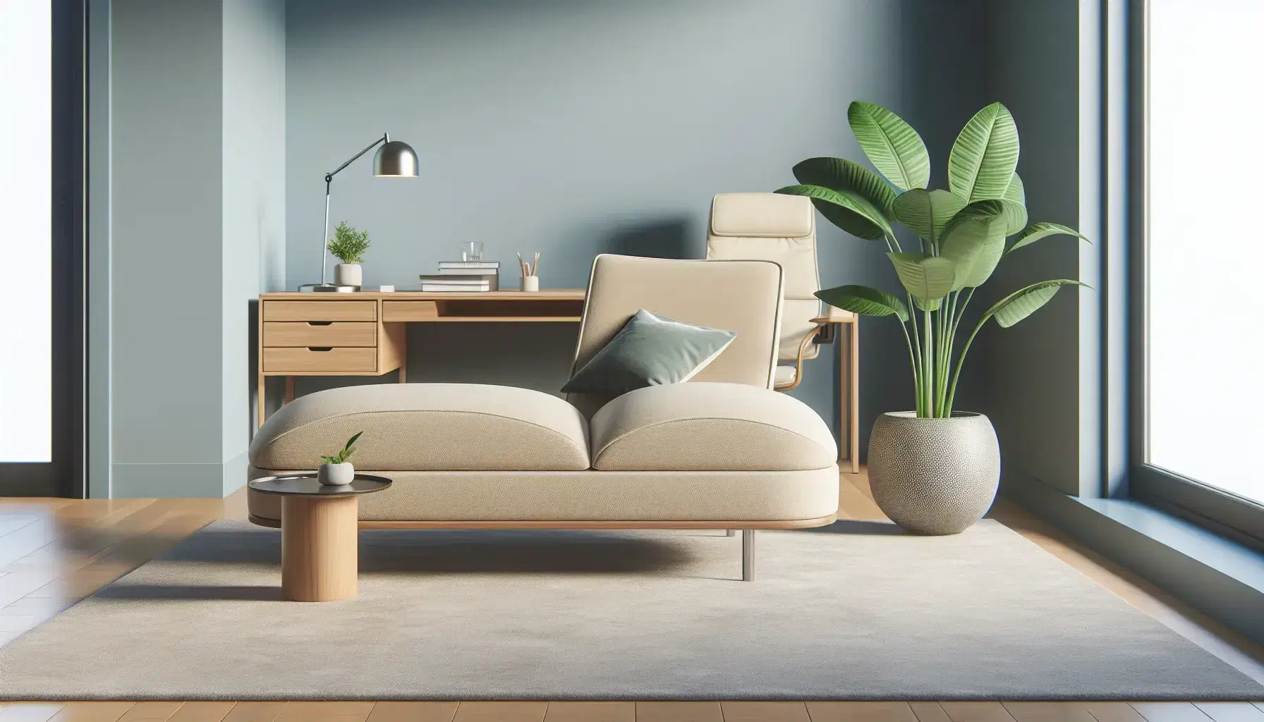 Modern office of a therapist with comfortable beige sofa and blue pillow, wooden coffee table with green plant and professional desk on gray carpet.