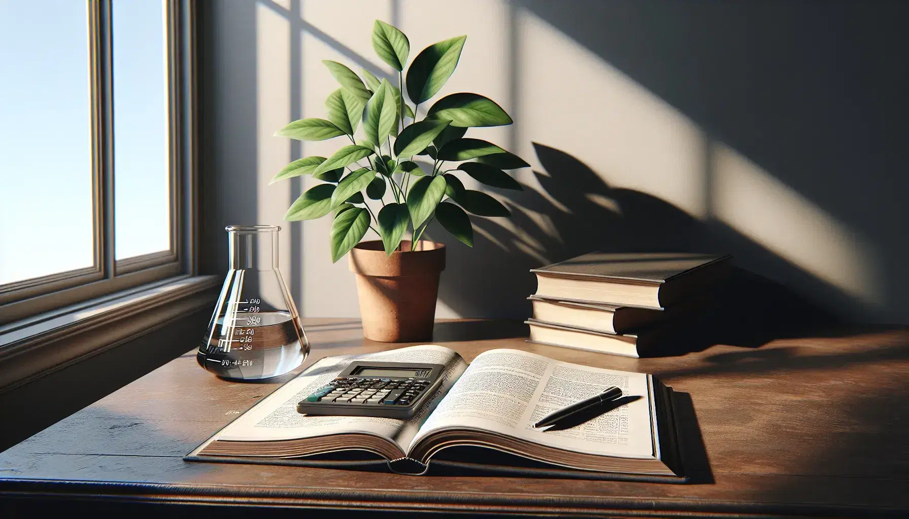 Bright study space with a wooden desk featuring an open textbook, scientific calculator, half-filled beaker, and a green potted plant by a large window.