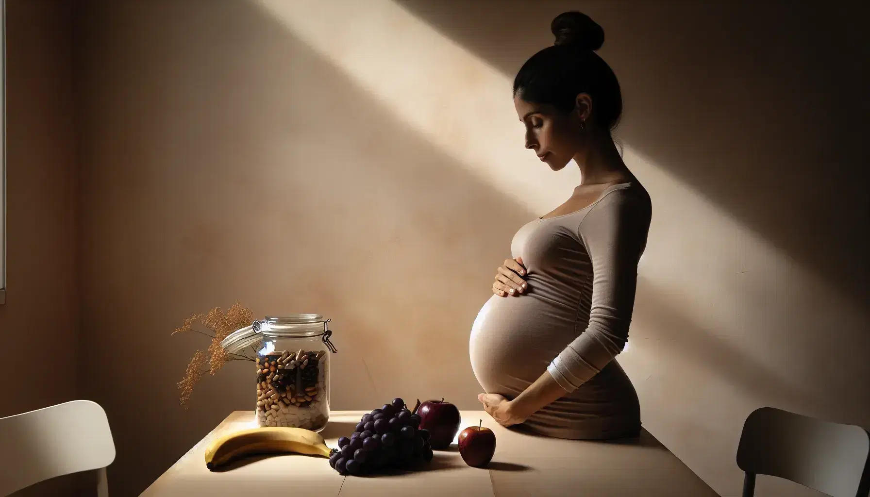 Mujer embarazada hispana acariciando su vientre con alimentos saludables y suplementos en una mesa, destacando uvas, manzana, banana y frutos secos bajo luz natural.
