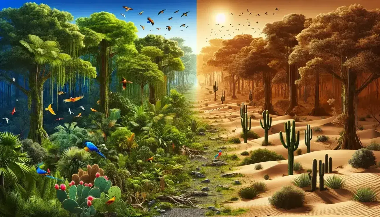 Contraste natural entre un bosque tropical lleno de árboles y aves coloridas y un paisaje árido con dunas y cactus, sin presencia humana.