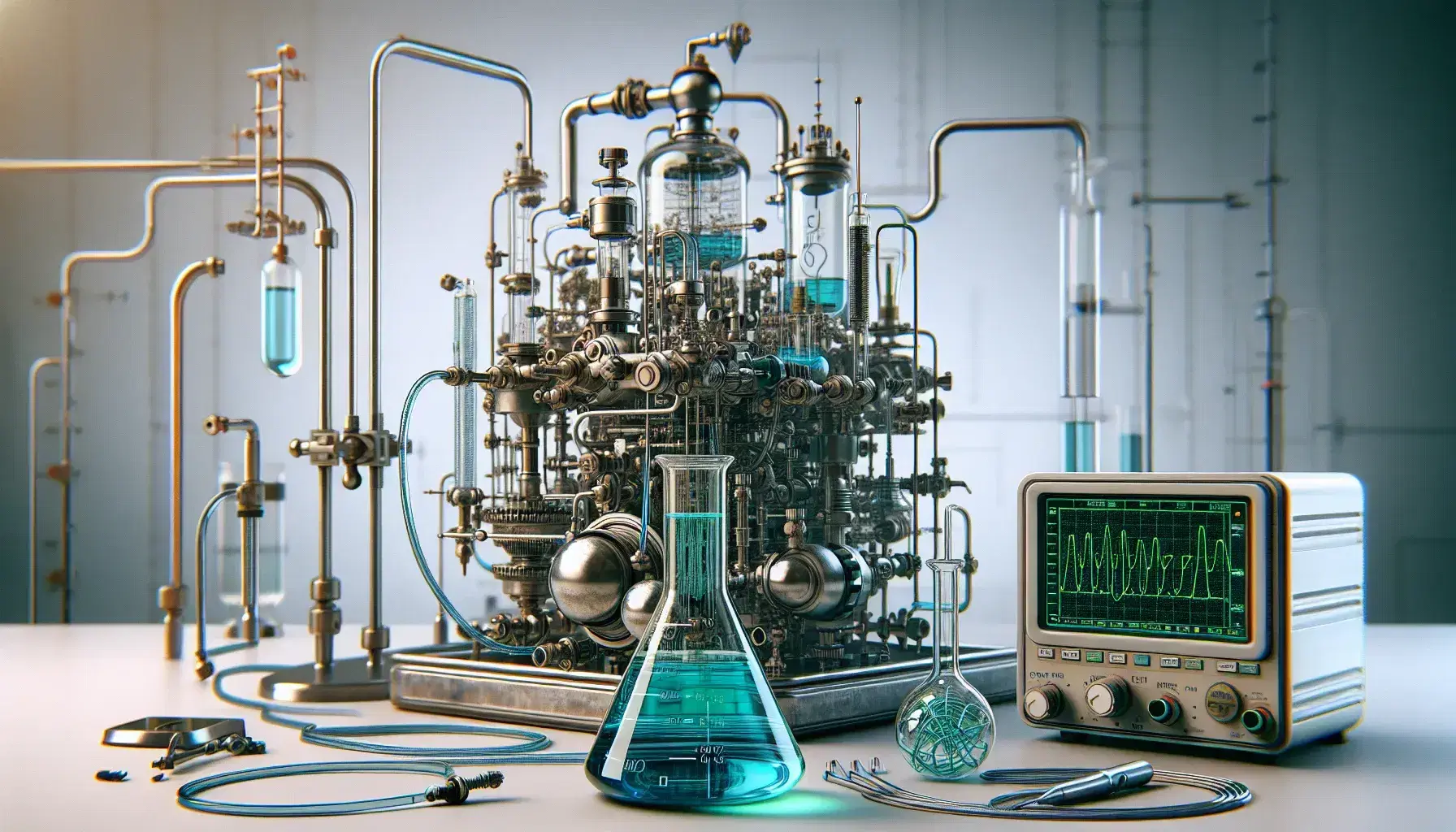 Laboratory setup with a beaker of blue liquid, a green liquid distillation apparatus, and an idle digital oscilloscope on a white bench.