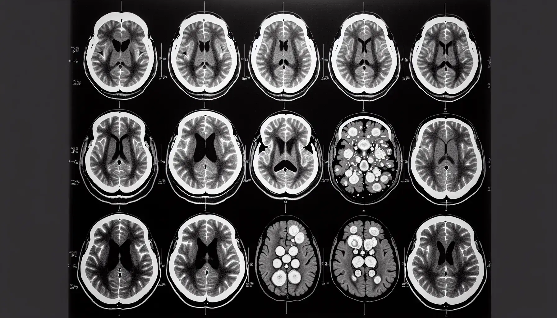 Escaneo de tomografía computarizada cerebral mostrando secciones transversales con áreas hiperdensas sugiriendo anomalías, sin texto ni marcas.