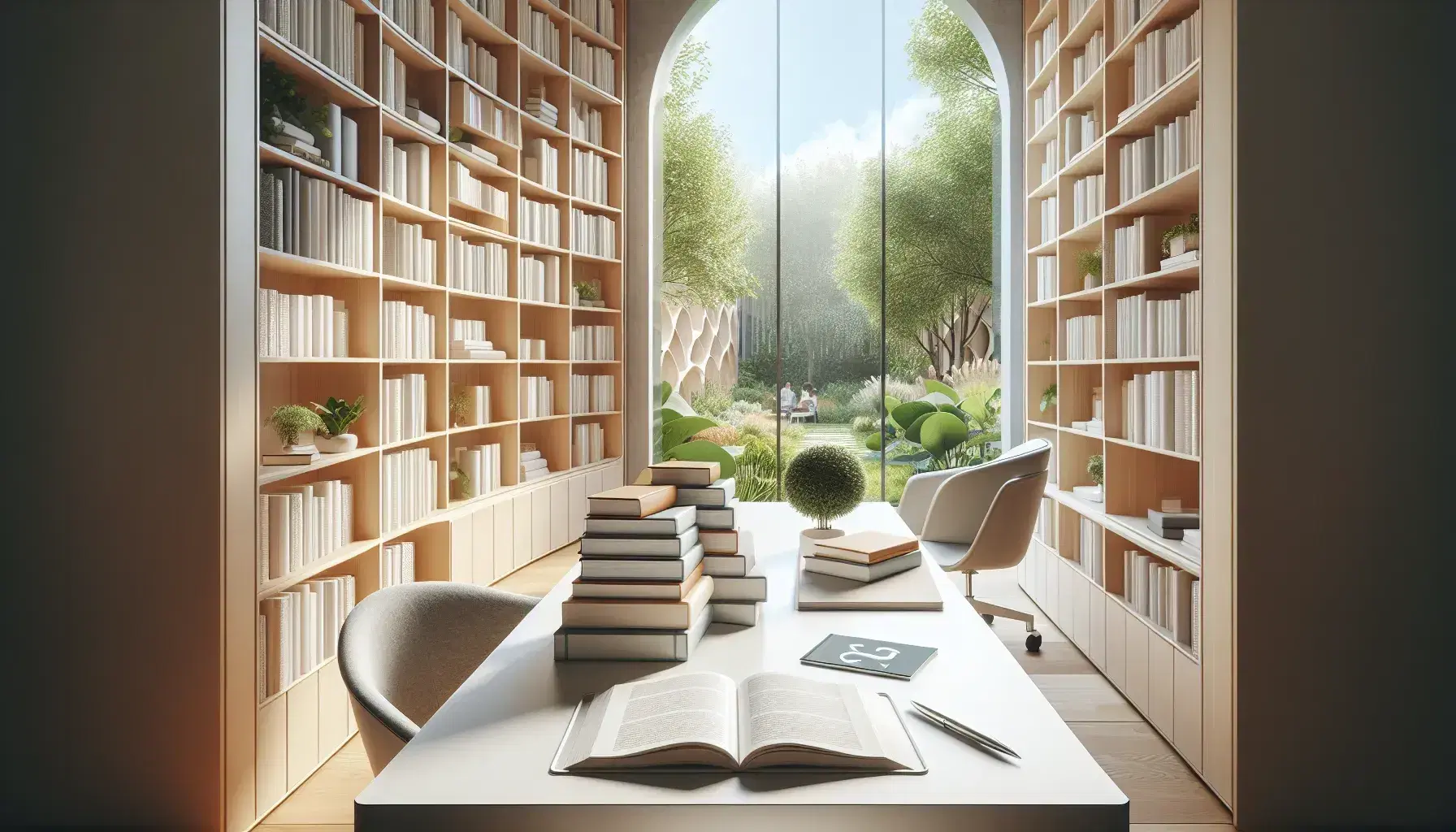 Biblioteca moderna y luminosa con estanterías de madera y libros variados, mesa de estudio con libros abiertos, cuaderno y planta, ventana grande con vista al jardín y persona leyendo.