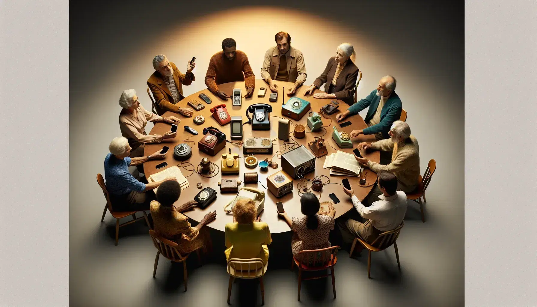 Grupo diverso de personas discutiendo animadamente alrededor de una mesa con herramientas de comunicación antiguas y modernas, incluyendo un teléfono rotativo y un celular.