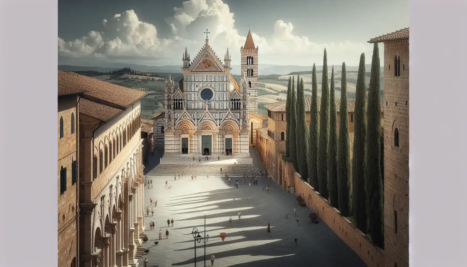 Vista panoramica di Pienza con la Cattedrale e il Palazzo Piccolomini, turisti in Piazza Pio II e cipressi sotto un cielo azzurro.