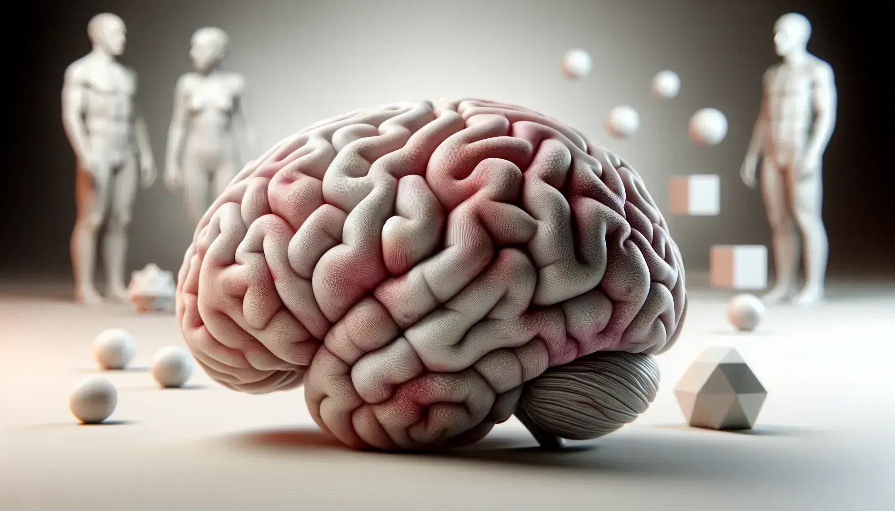 Cerebro humano tridimensional detallado en primer plano sobre fondo neutro con figuras geométricas flotantes y siluetas comunicándose.