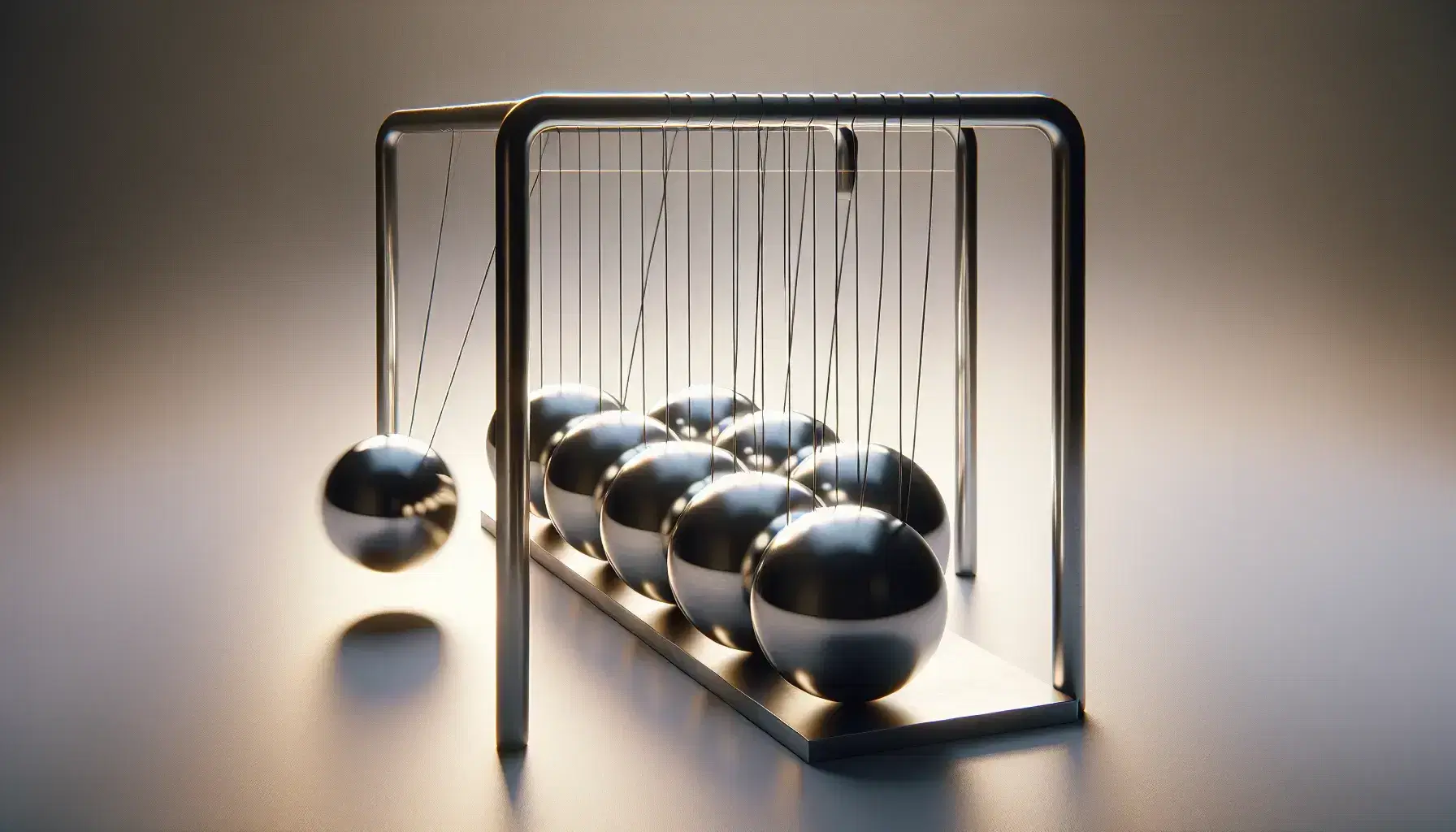 Cuna de Newton con esferas metálicas pulidas en movimiento, reflejando la luz y suspendidas por hilos, sobre una base rectangular.