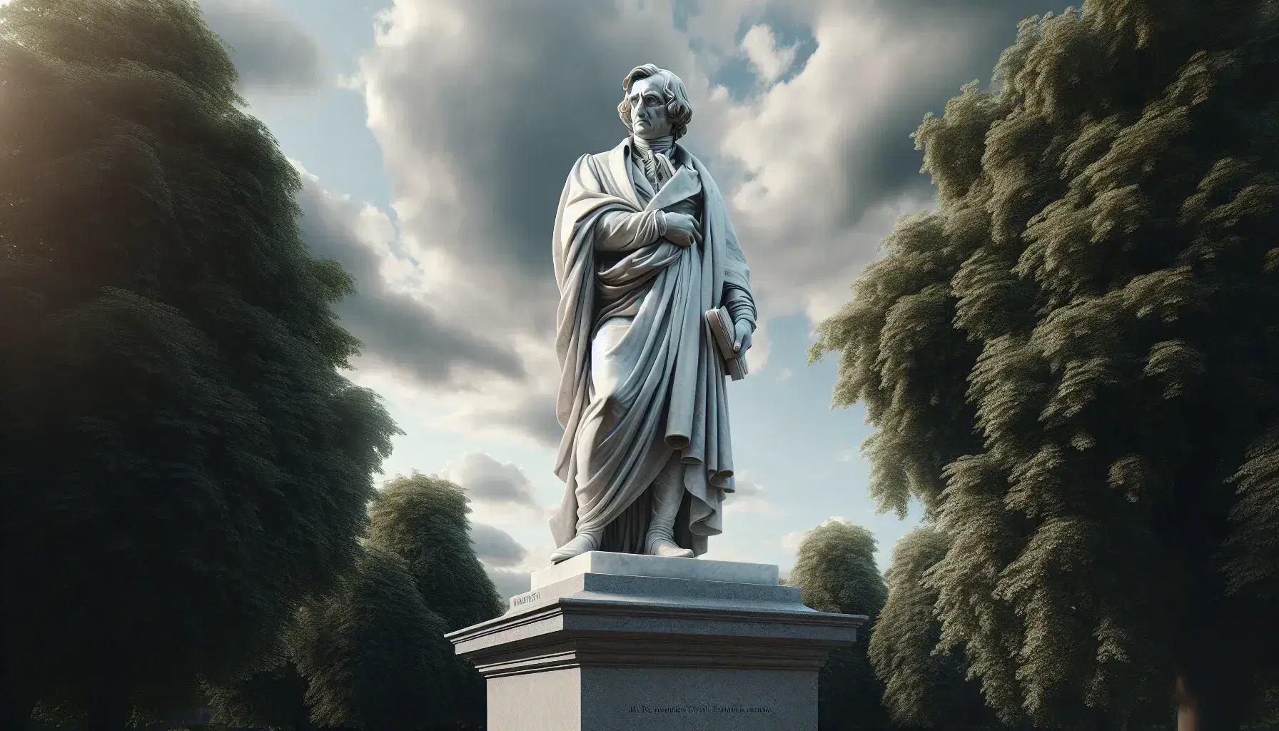 Statua in marmo bianco di filosofo celebre su piedistallo grigio all'aperto, con alberi e cielo parzialmente nuvoloso sullo sfondo.