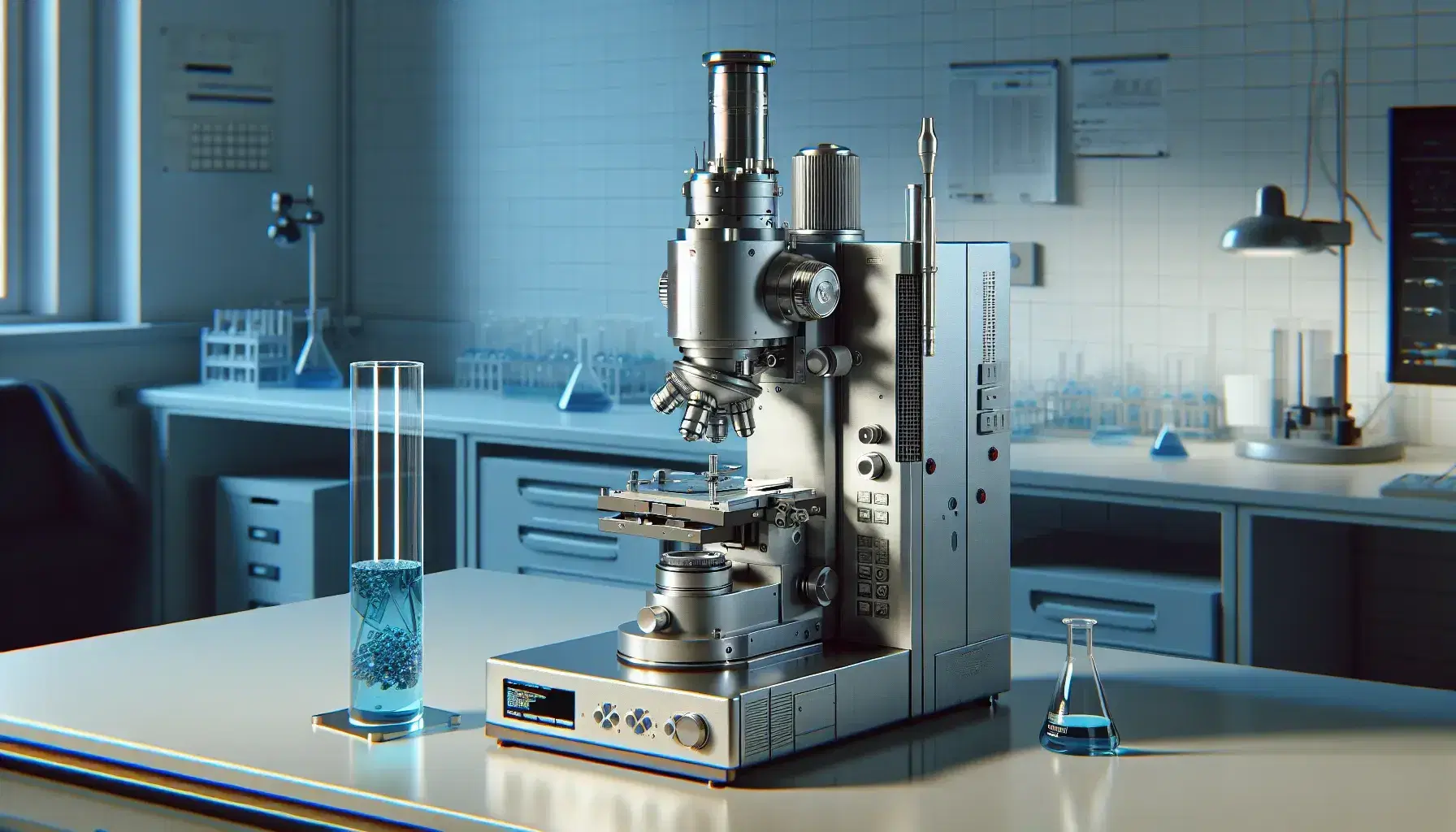 Microscopio elettronico a trasmissione grigio metallico su tavolo da laboratorio con provetta contenente soluzione blu accanto.