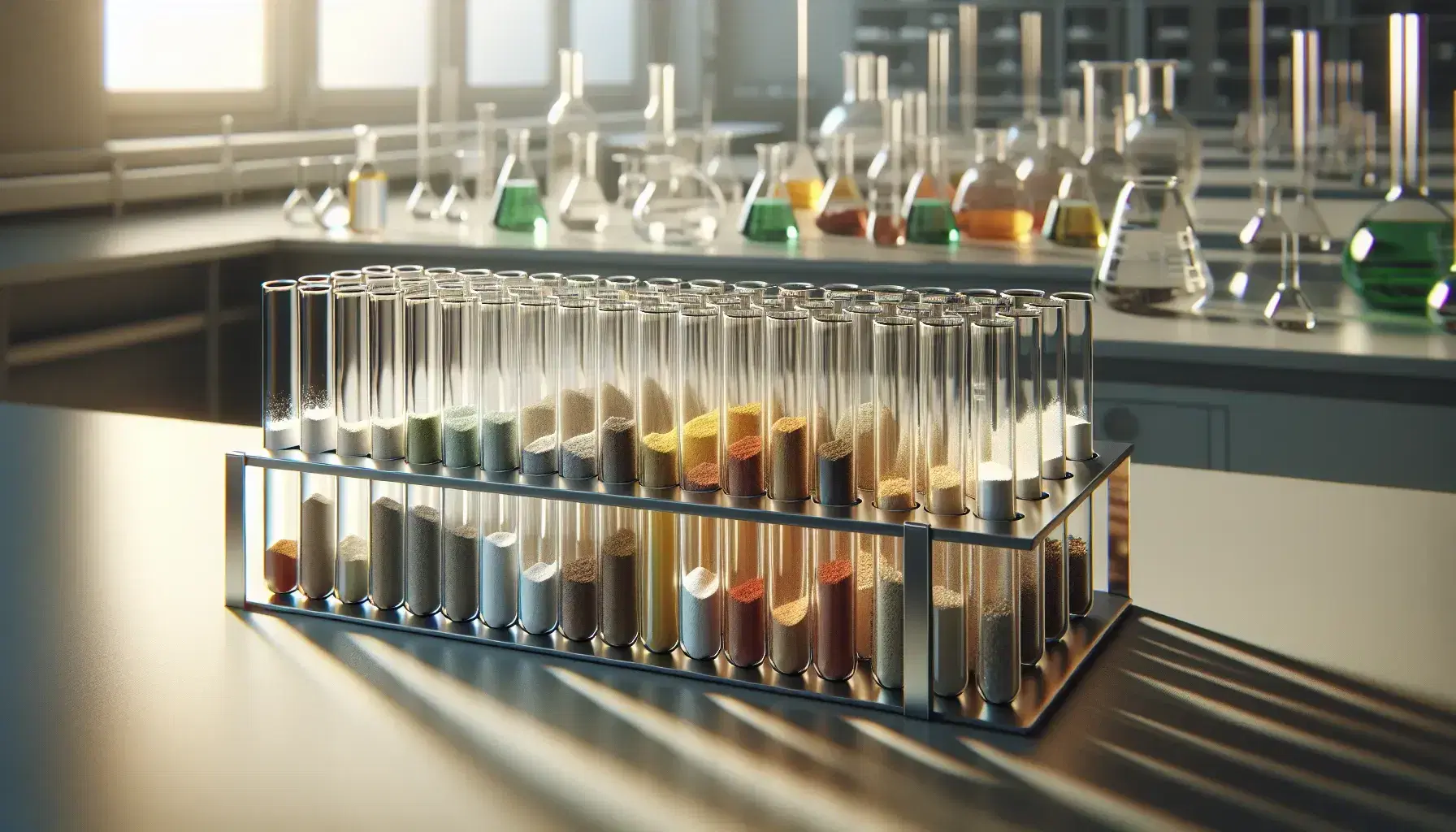 Provette in vetro con ossidi basici colorati su supporto metallico in laboratorio scientifico, con sfondo sfocato di attrezzature da laboratorio.