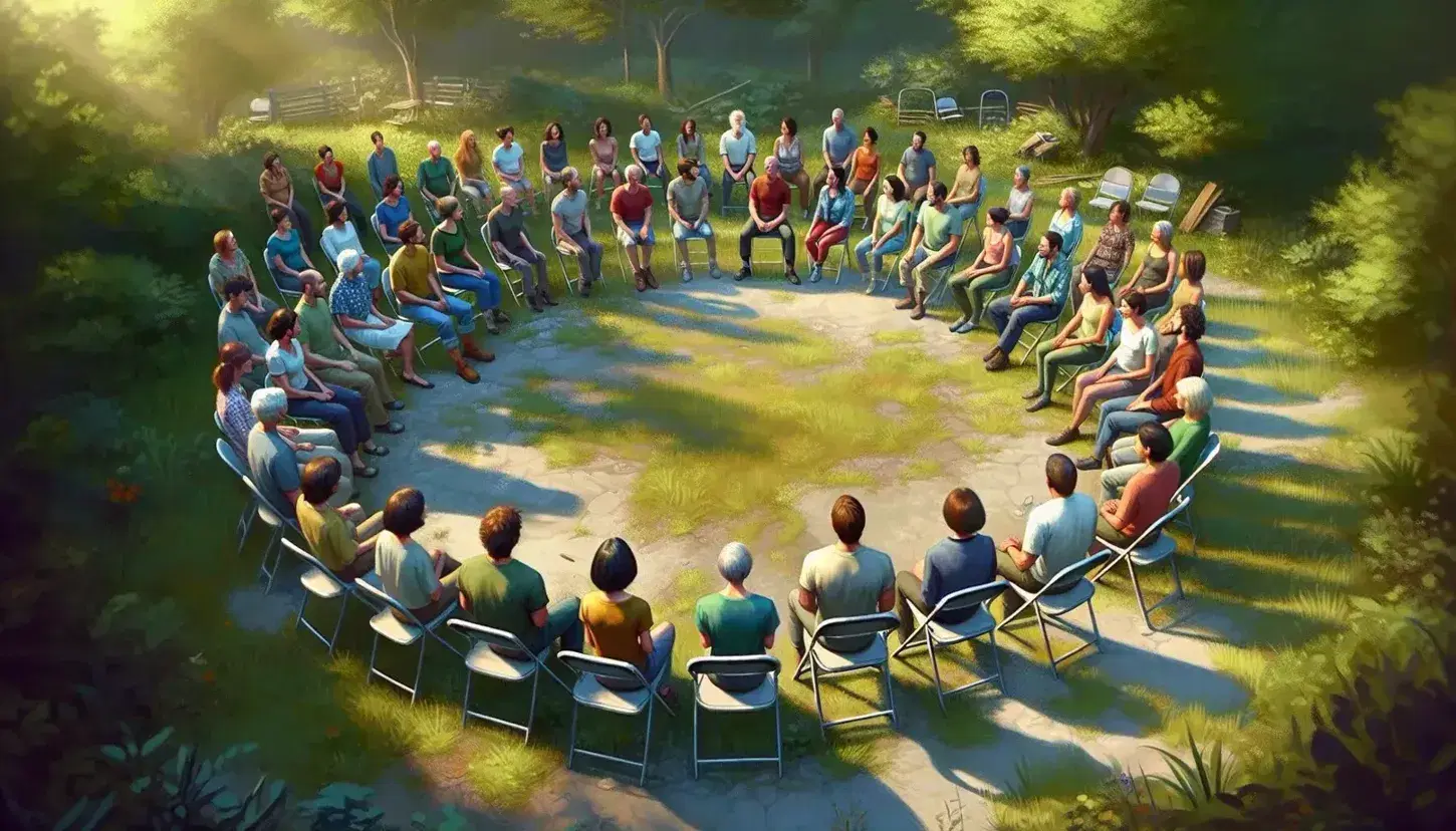 Grupo diverso de personas sentadas en círculo al aire libre en un entorno natural, participando en una reunión comunitaria sin tecnología.