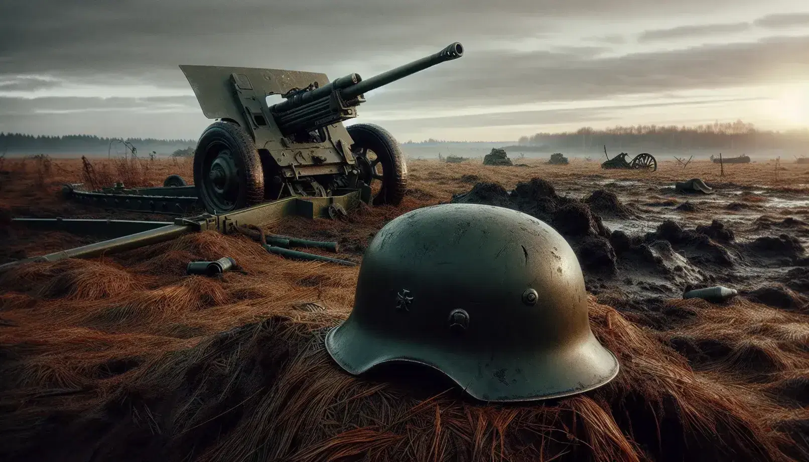 Campo de batalla tras enfrentamiento con casco militar y pieza de artillería dañada en un paisaje otoñal desolado.