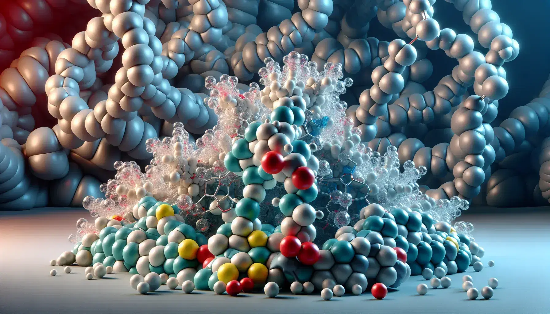 Moléculas tridimensionales con átomos en colores variados y enlaces químicos frente a estructura proteica compleja con pliegues.