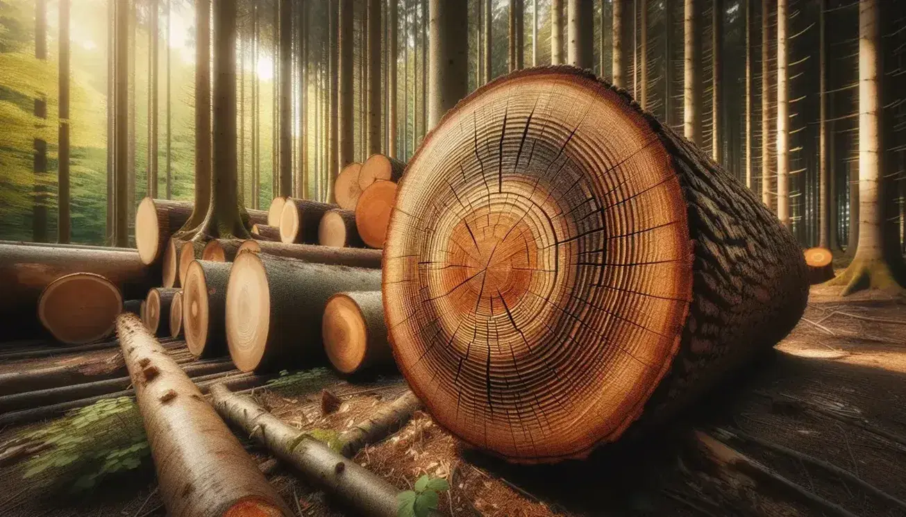 Troncos de árboles apilados en un bosque con anillos de crecimiento visibles, rodeados de vegetación y bañados por luz solar filtrada.