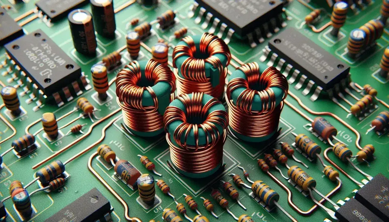 Close-up of a PCB featuring three parallel ferrite core inductors, surrounded by resistors, capacitors, and diodes, with neat solder joints on a green board.