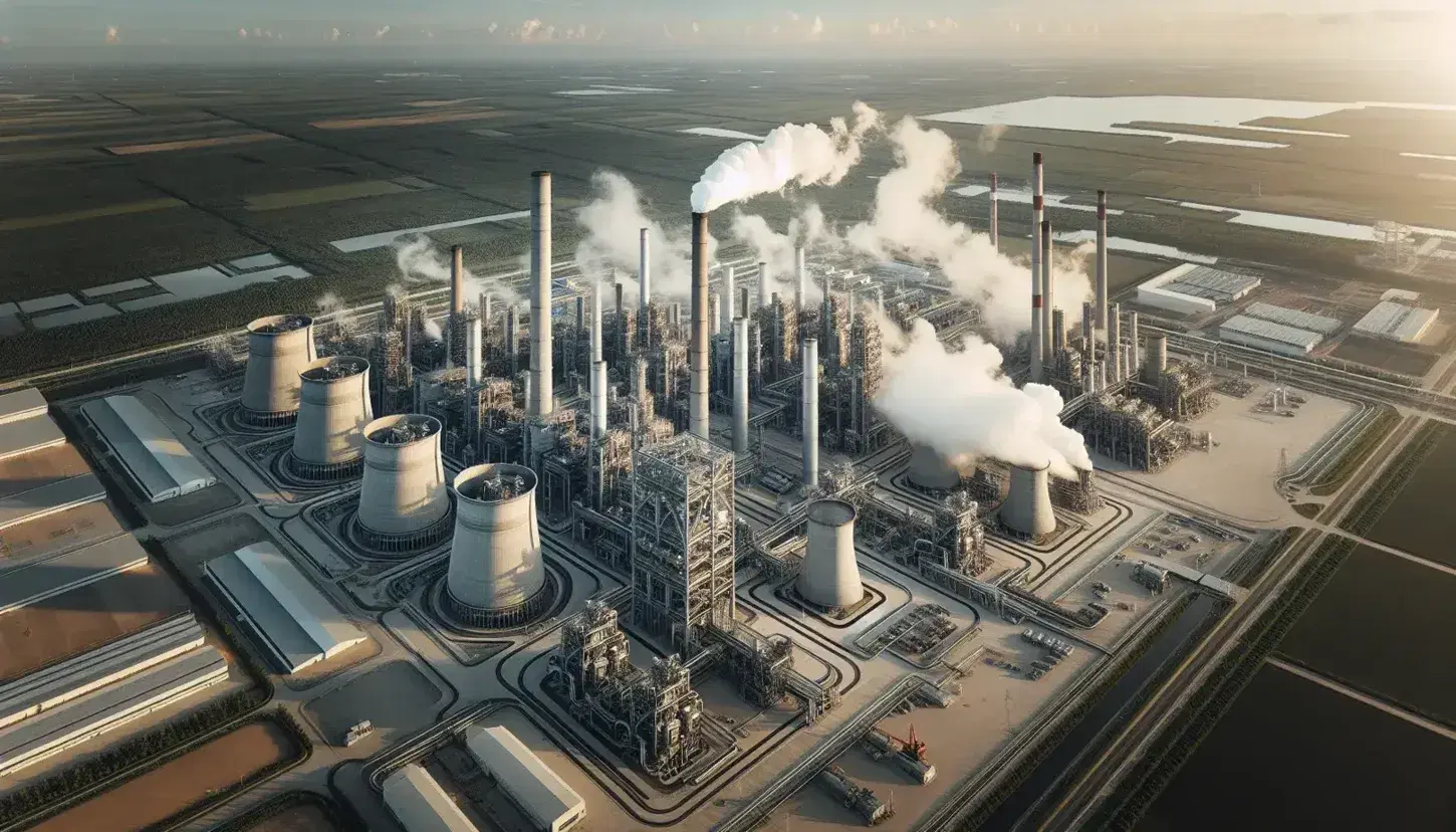 Vista aérea de planta termoeléctrica con torres metálicas, edificios y vapor elevándose, rodeada de caminos y vegetación bajo cielo azul.