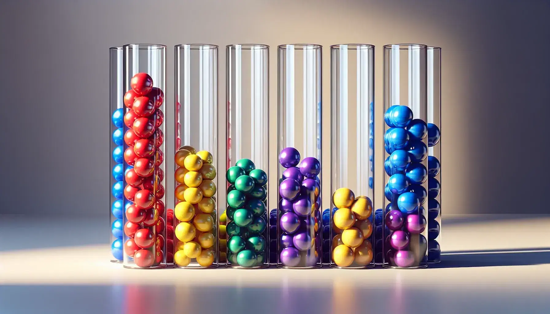 Colorful glossy balls in red, blue, green, yellow, and purple beside transparent vertical tubes filled with mixed colored spheres on a light gray background.