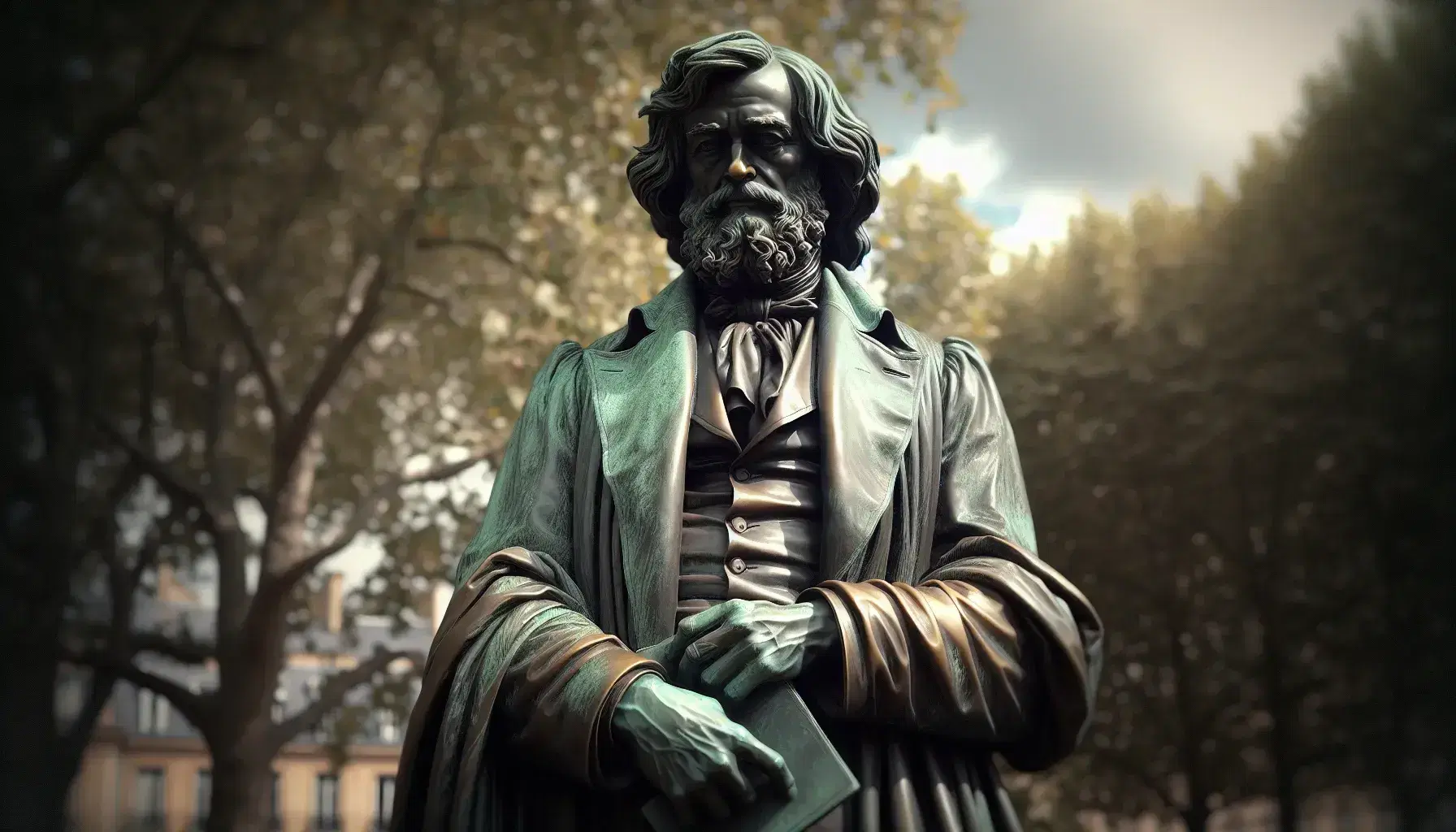 Statua in bronzo di filosofo storico con barba e capelli ondulati, in abito d'epoca con libro chiuso, su piedistallo in parco sfocato.