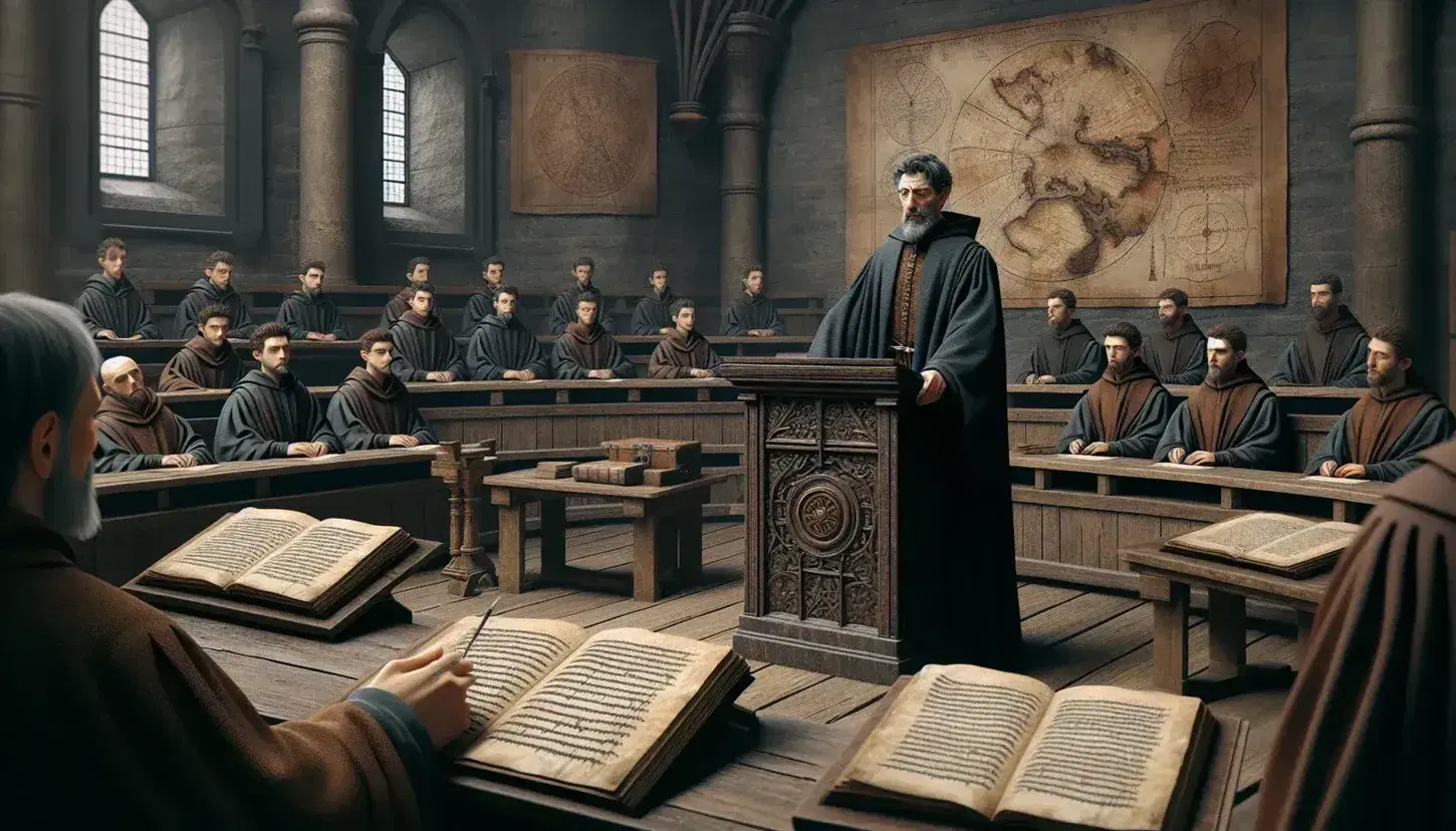Scena di lezione in una scuola di diritto medievale con professore al leggio e studenti attenti su panche di legno, senza testi visibili.