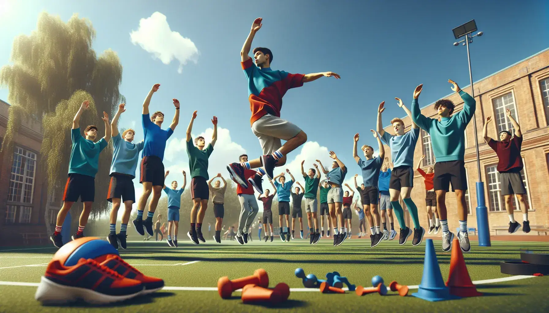 Grupo de estudiantes haciendo ejercicio al aire libre en un campo de hierba, con uno saltando en forma de 'X' y otros estirando y corriendo, bajo un cielo azul.