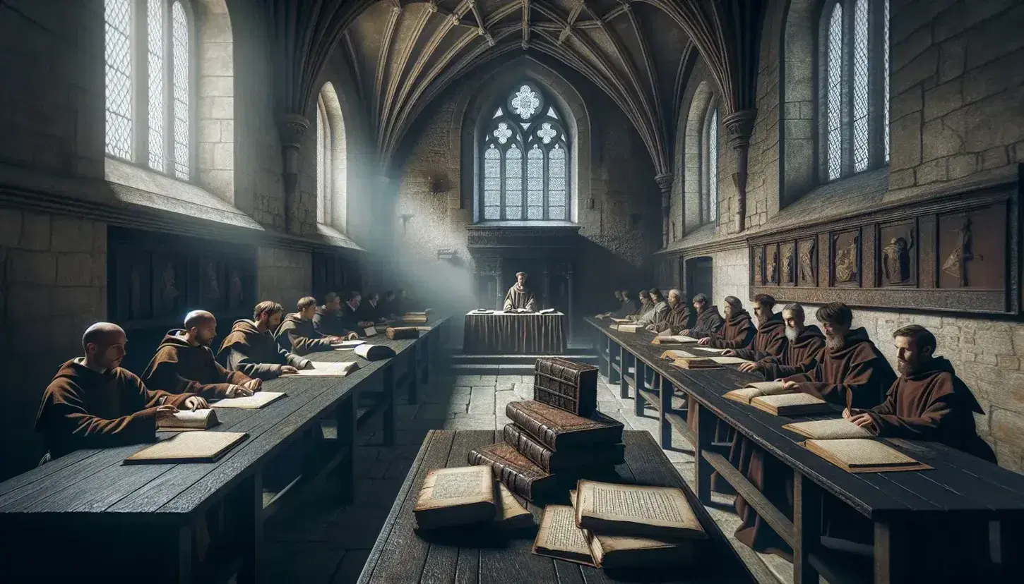 Aula universitaria medievale con studenti in abiti d'epoca che leggono e scrivono su pergamene e docente che tiene lezione su podio.