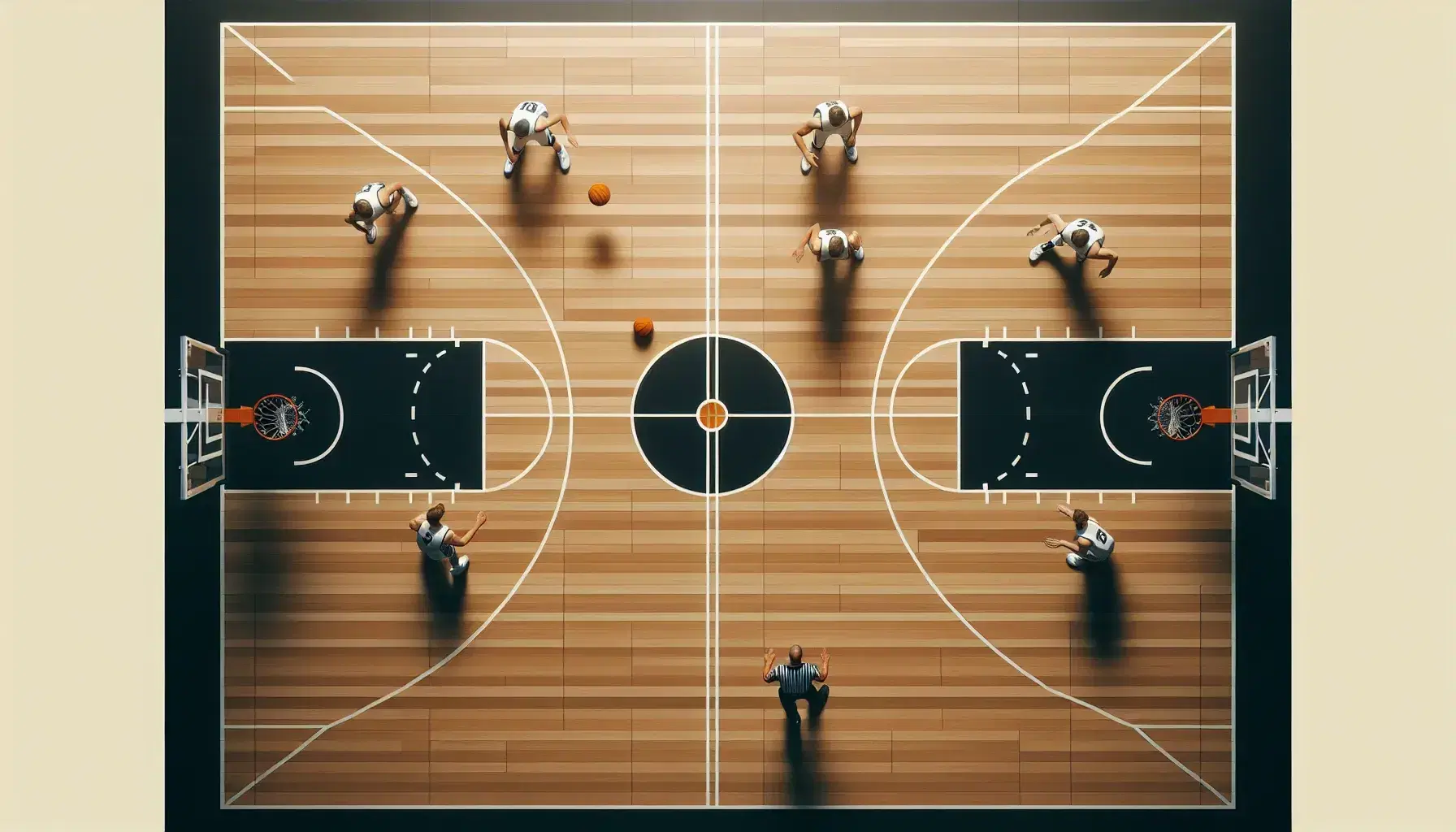 Cancha de baloncesto con jugadores en uniformes claros y oscuros durante un partido, uno pasando el balón y otros en defensa, bajo iluminación de techo.