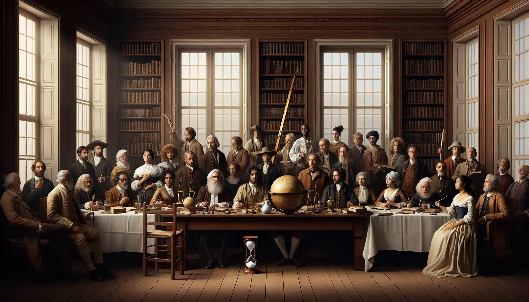 Grupo diverso de personas de distintas edades y épocas reunidas alrededor de una mesa con globo terráqueo, reloj de arena y telescopio, en una sala con estantería de libros y luz natural.