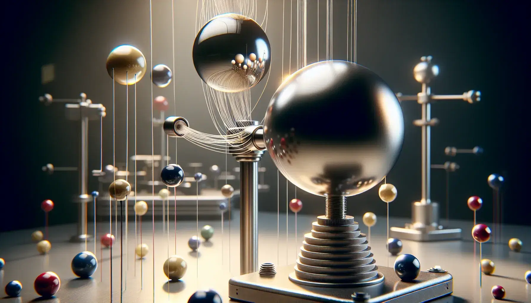 Van de Graaff generator with a metallic sphere on an insulated column, surrounded by suspended colored spheres demonstrating electrostatic effects in a lab.